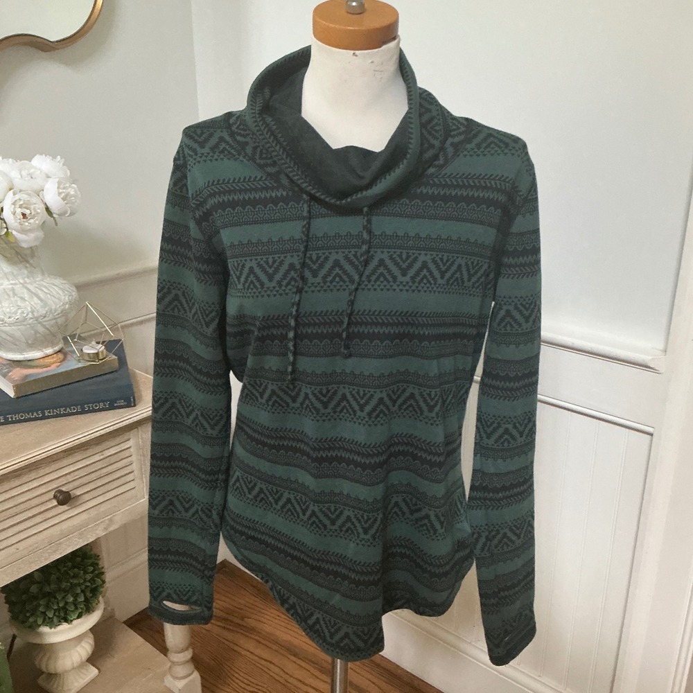 KAVU Womens Cowl Neck Pullover Top Green Black Geometric Tribal Print Medium